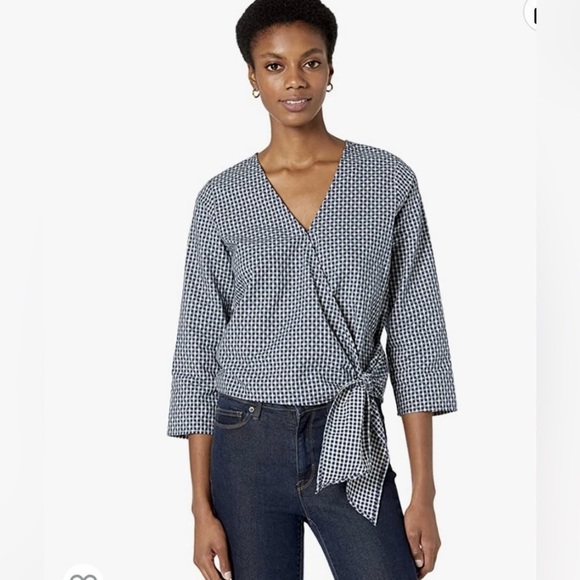 Madewell Textured Cotton Wrap Top Blue White Gingham - Size XXL - Picture 11 of 11